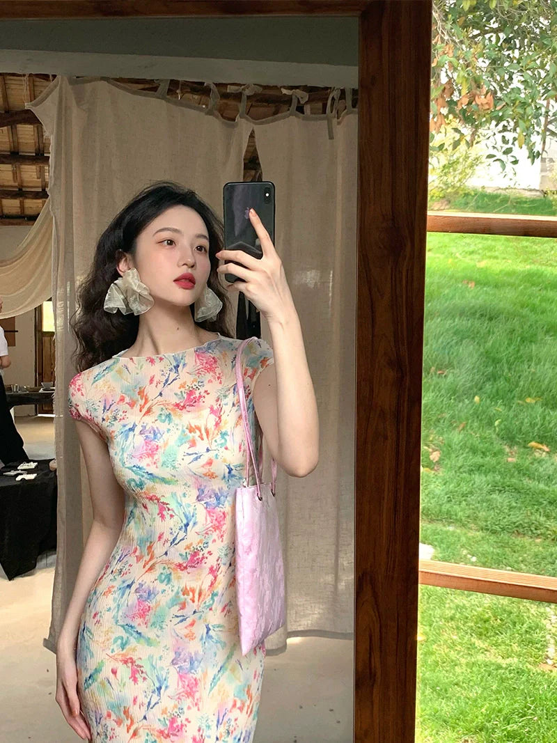 Pastel Watercolor Floral Cheongsam Maxi Dress