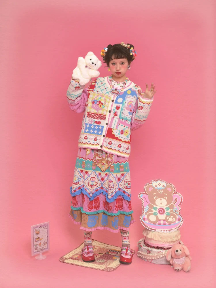 Patchwork Fantasy Pink Knit Cardigan