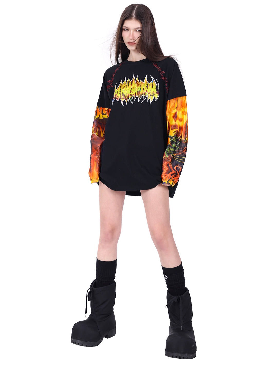 PINKSPINK Flames Metal Logo Long Sleeve Tee - Black and Flame Print