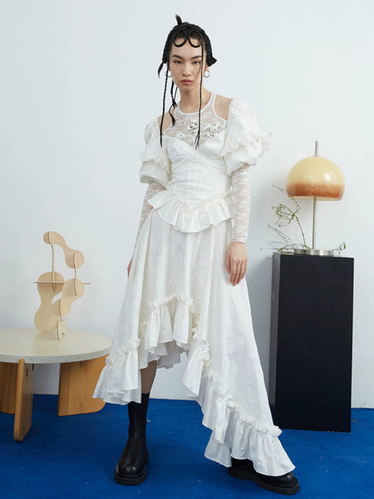 Ivory Ruffle Asymmetry Midi Dress