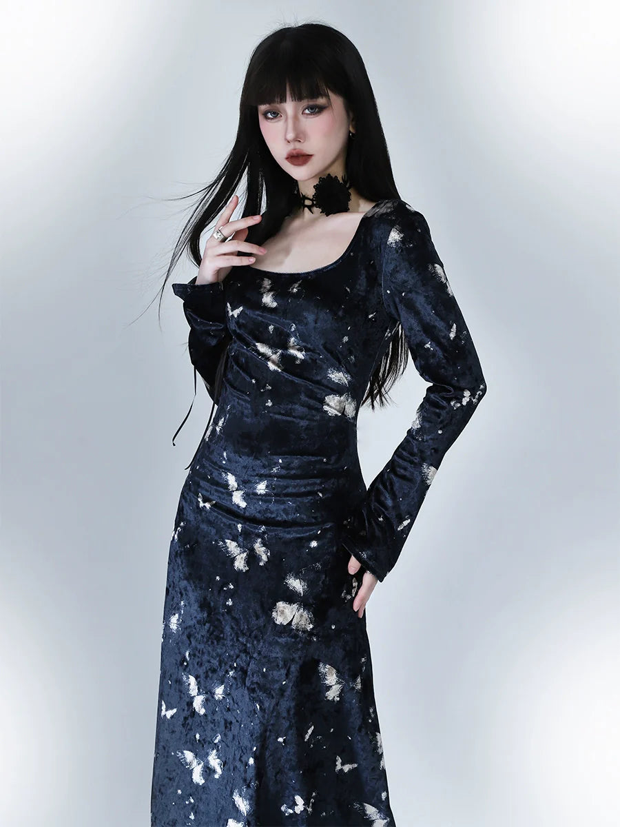 Gothic Butterfly Print Maxi Dress