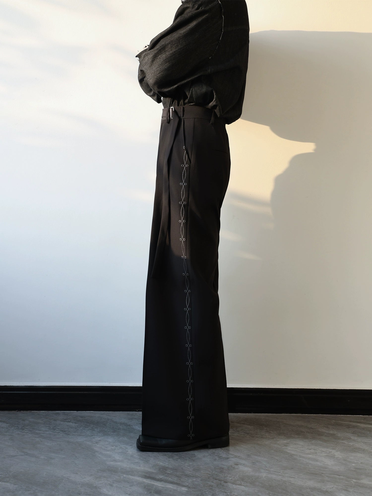 Embroidered Side Seam Wide Pants