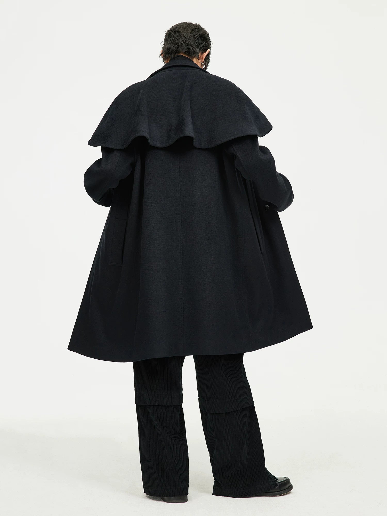 Black Cape-Detail Long Coat