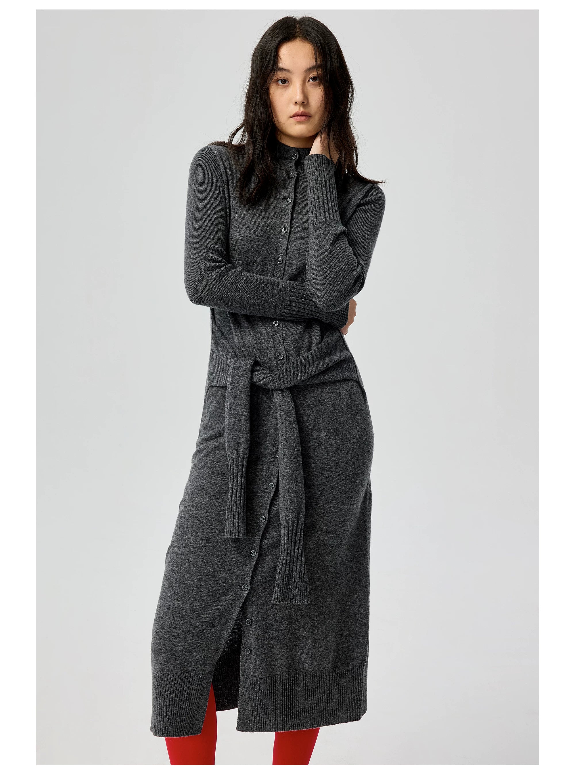 Button-Front Knit Midi Dress with Waist Tie