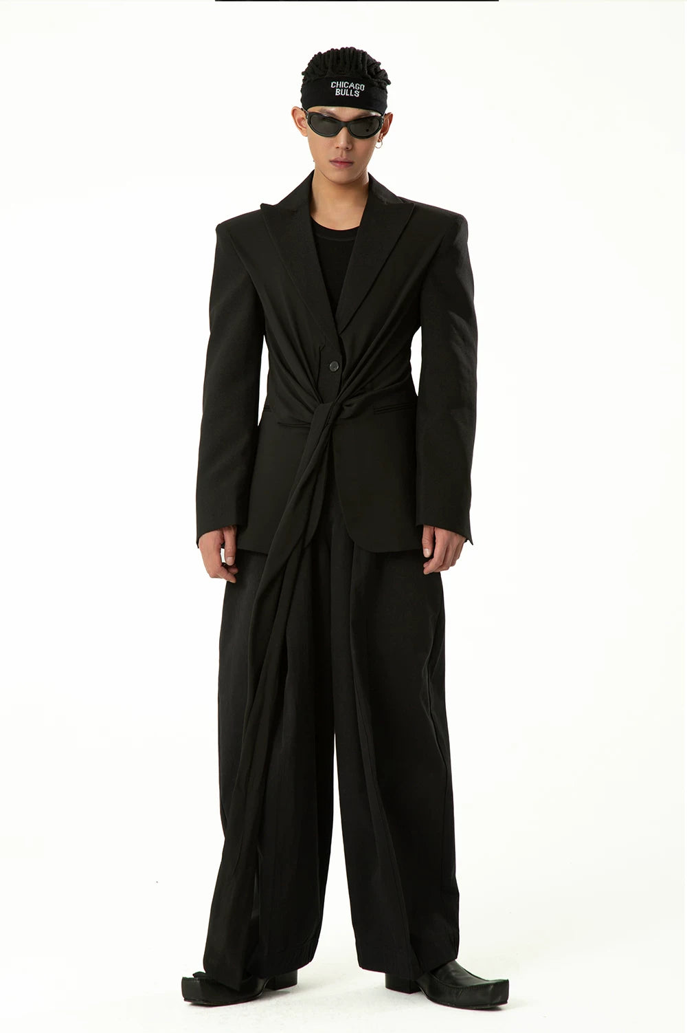 Draped Noir Tie-Front Blazer Coat