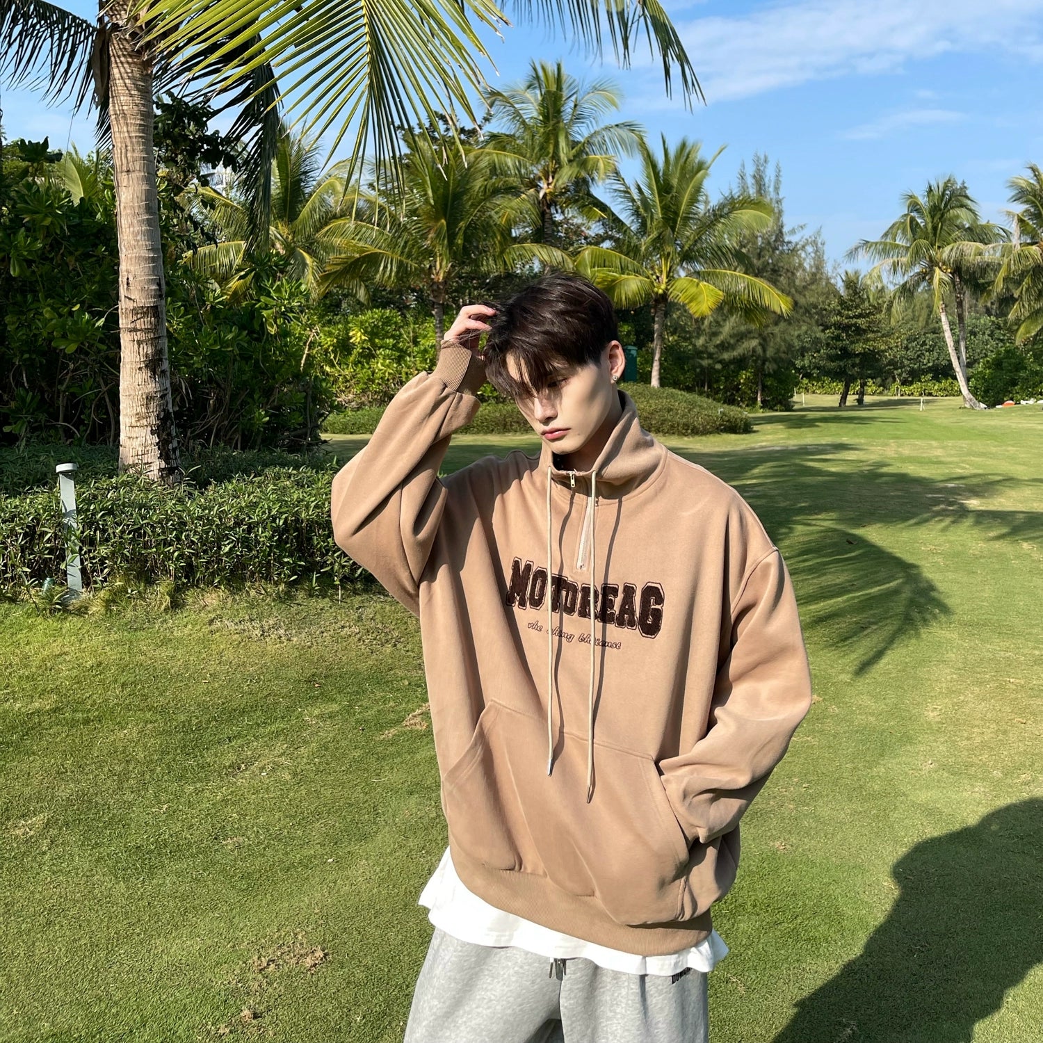 Quarter-Zip Mock Neck Sweatshirt with Embroidered Text