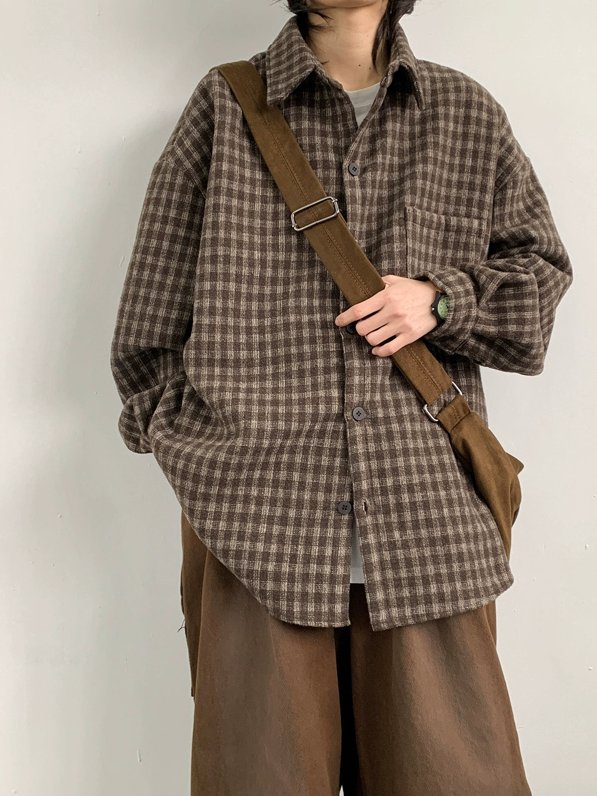 Oversized Brown Plaid Flannel Shirt