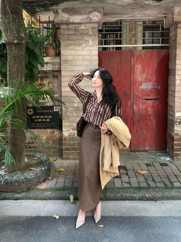 Brown and Beige Striped Button-Up Shirt