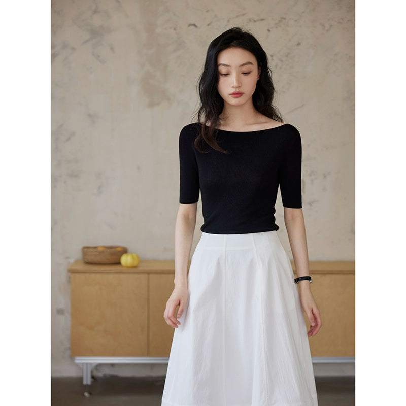 Black Boat Neck Half Sleeve Top