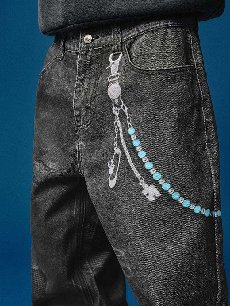 Chain Print Distressed Wide Leg Jeans