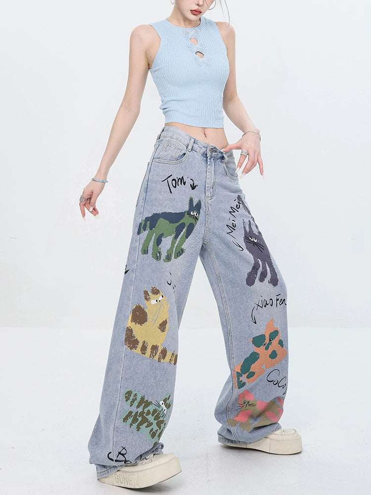 ABWEAR Whimsical Critter Doodle Wide-Leg Jeans