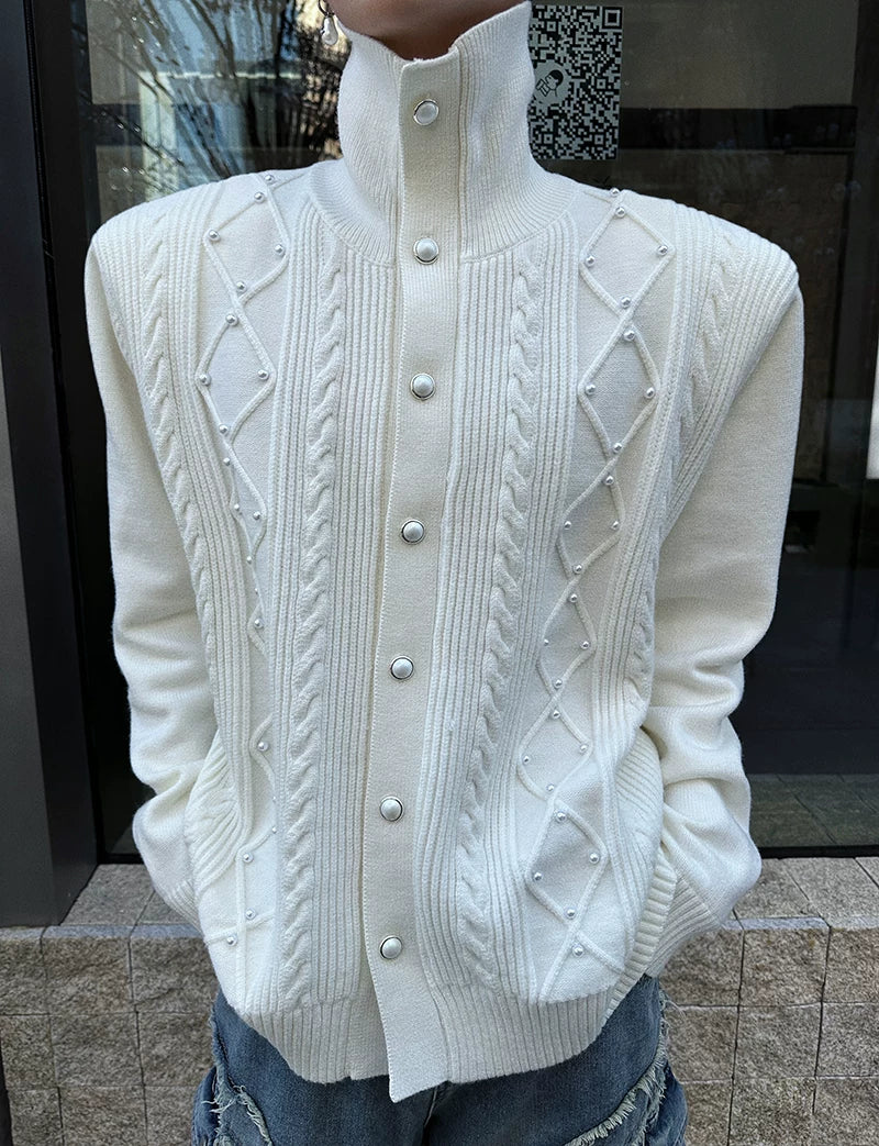 Lattice Snap-Spire Turtleneck Cardigan