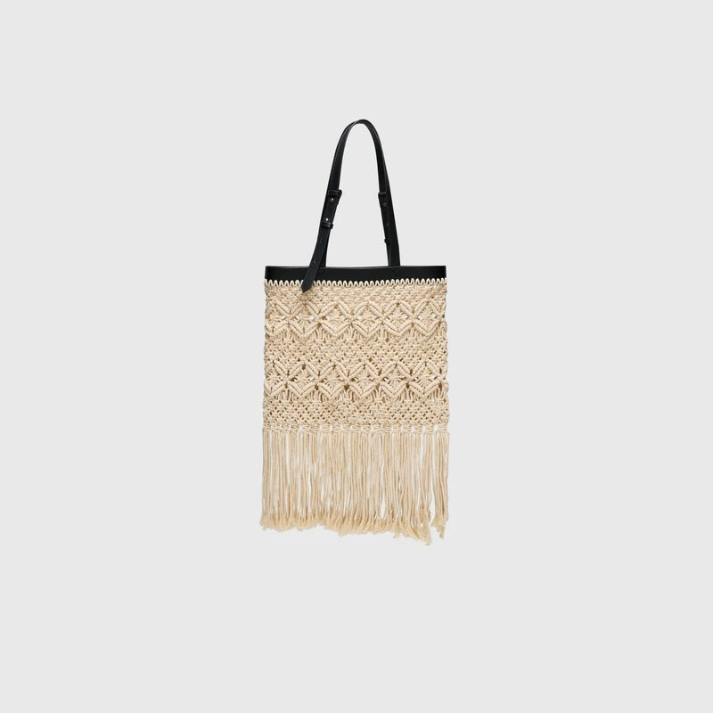 Woven Fringe Openwork Tote Bag - Off-White