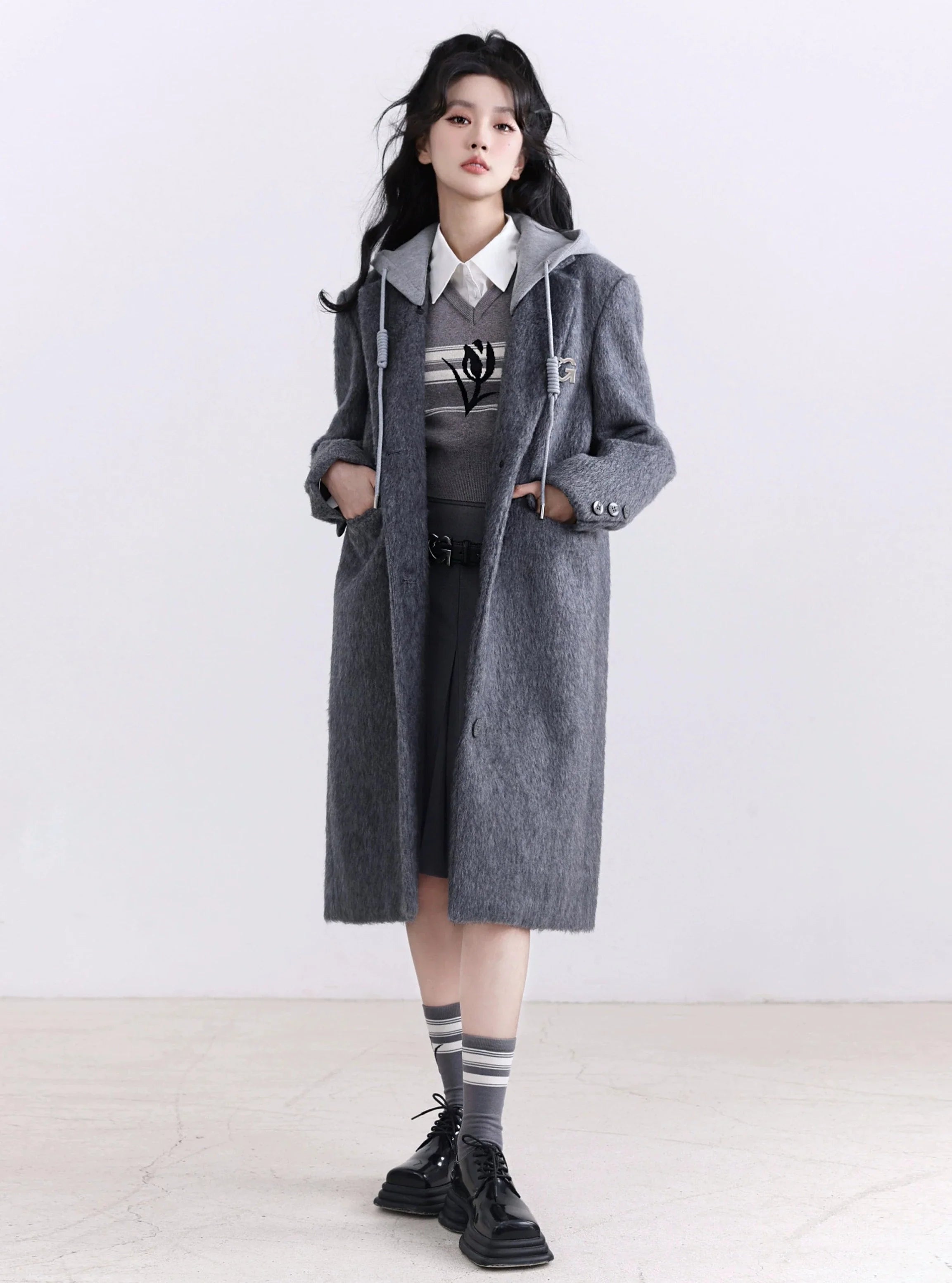 Charcoal Gray Hooded Denim Long Coat