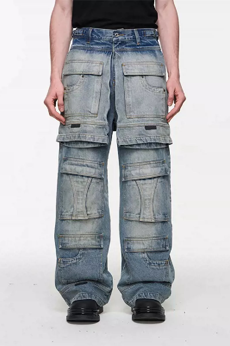 Layered Utility Washed Jeans - chiclara