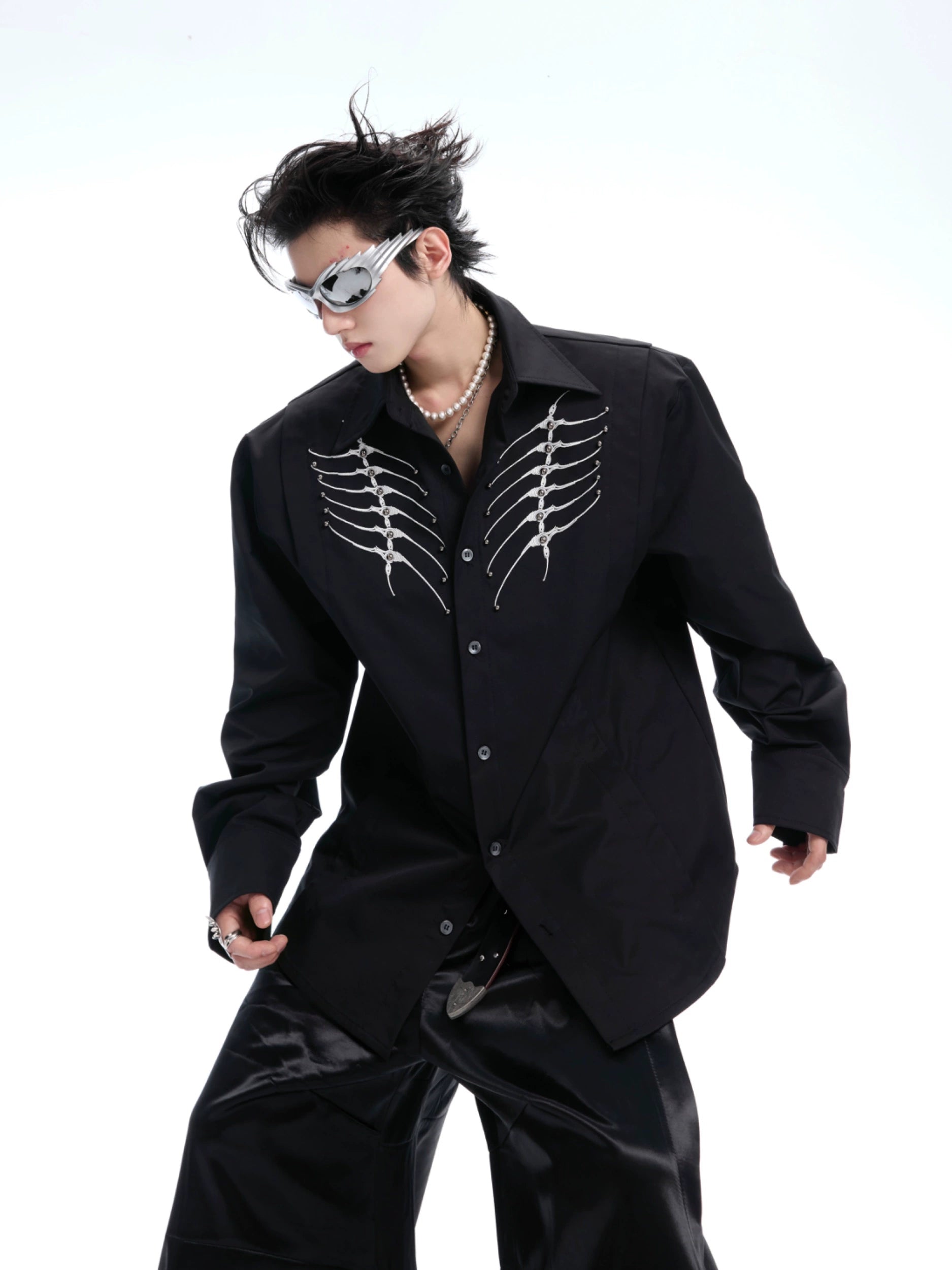 Crystal Chain Blue Button-Up Shirt