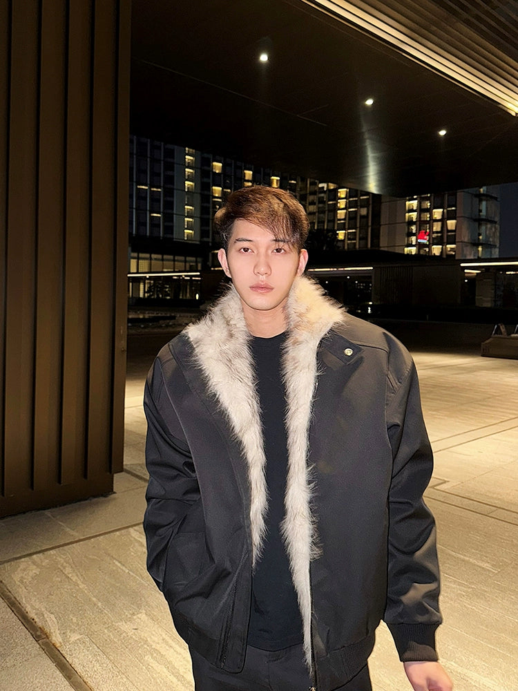 Black Bomber Jacket with Light Faux Fur Trimmed Lapel