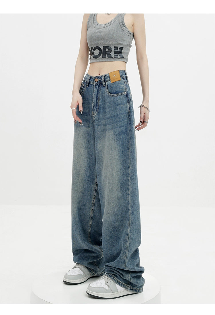 Blue Retro Loose Straight-Leg High-Waist Floor-Length Jeans - chiclara