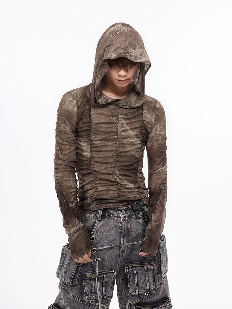 Distressed Brown Hooded Long Sleeve Top with Ruched Detailing