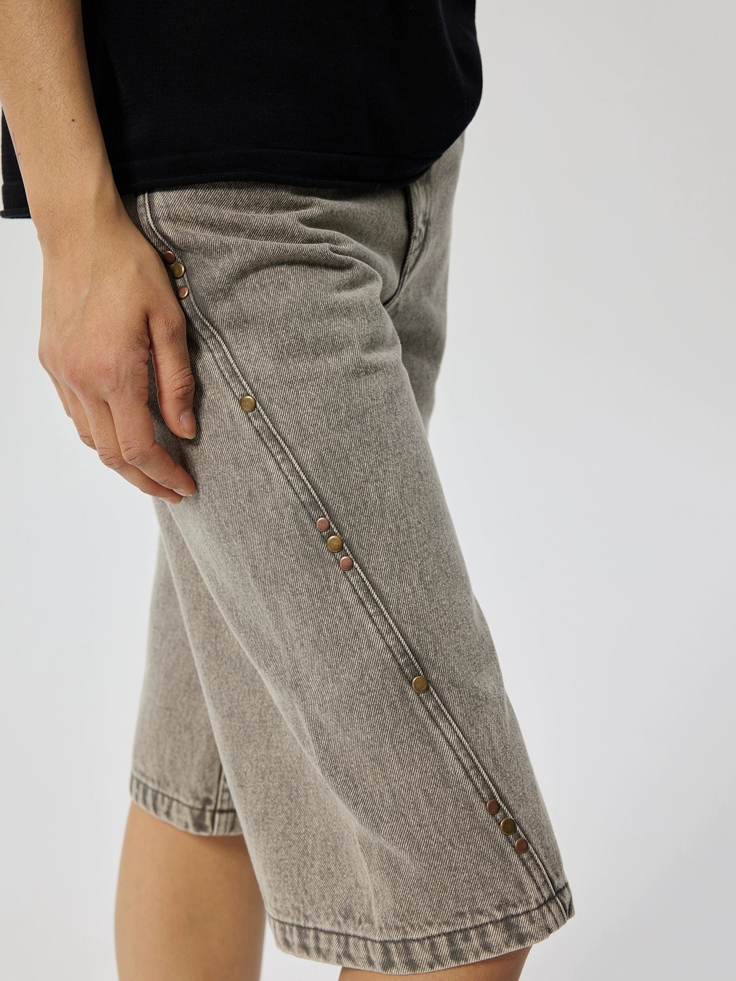 Gray Washed Denim Bermuda Shorts with Side Stud Detailing
