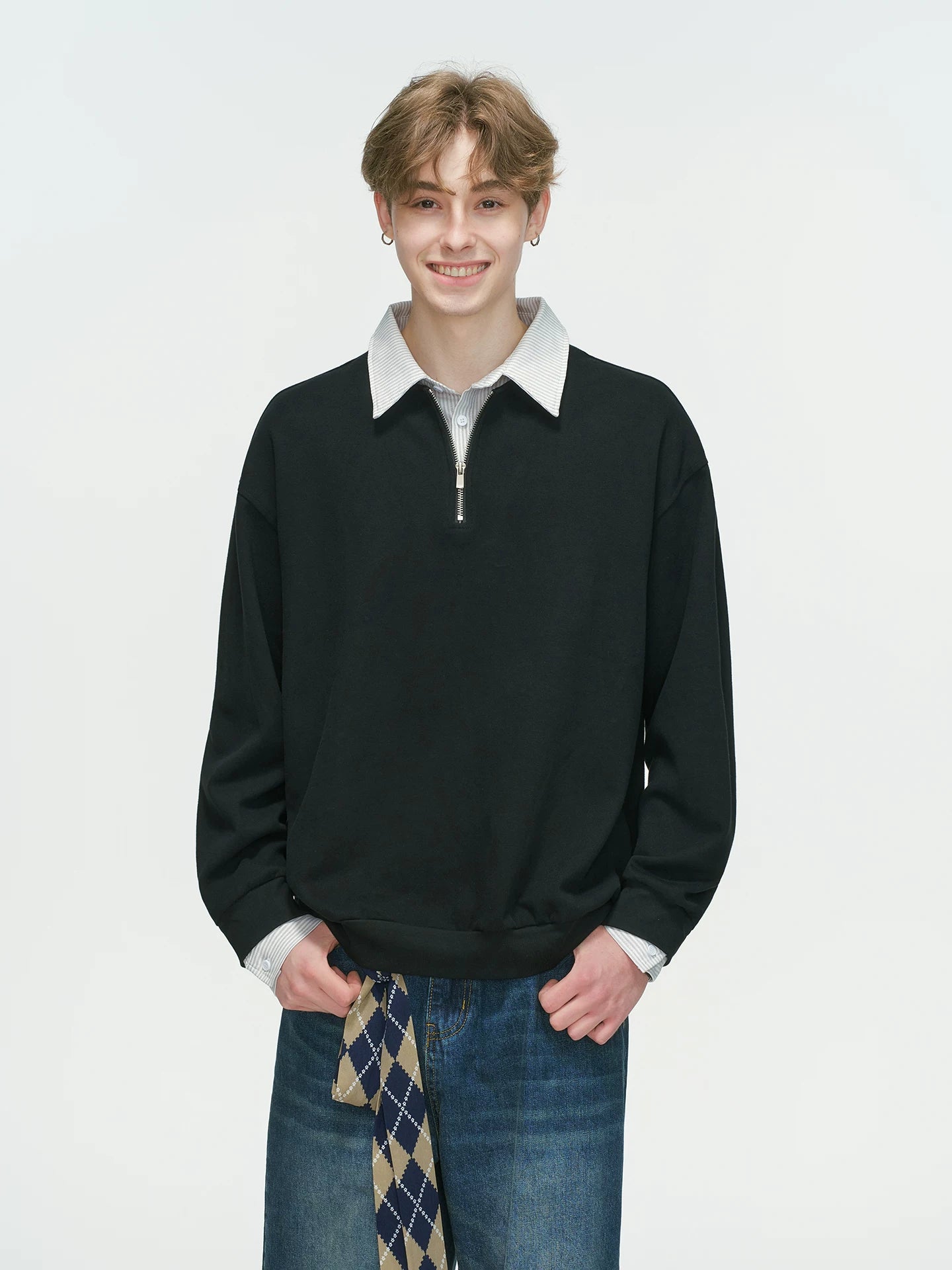 Layered Collar Half‑Zip Knit Pullover