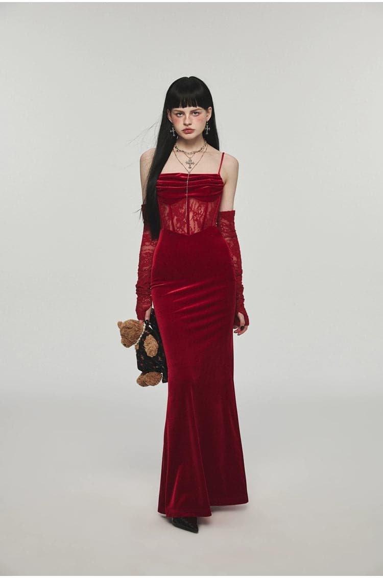 1Jinn Velvet Dress With Fishbone Straps - chiclara