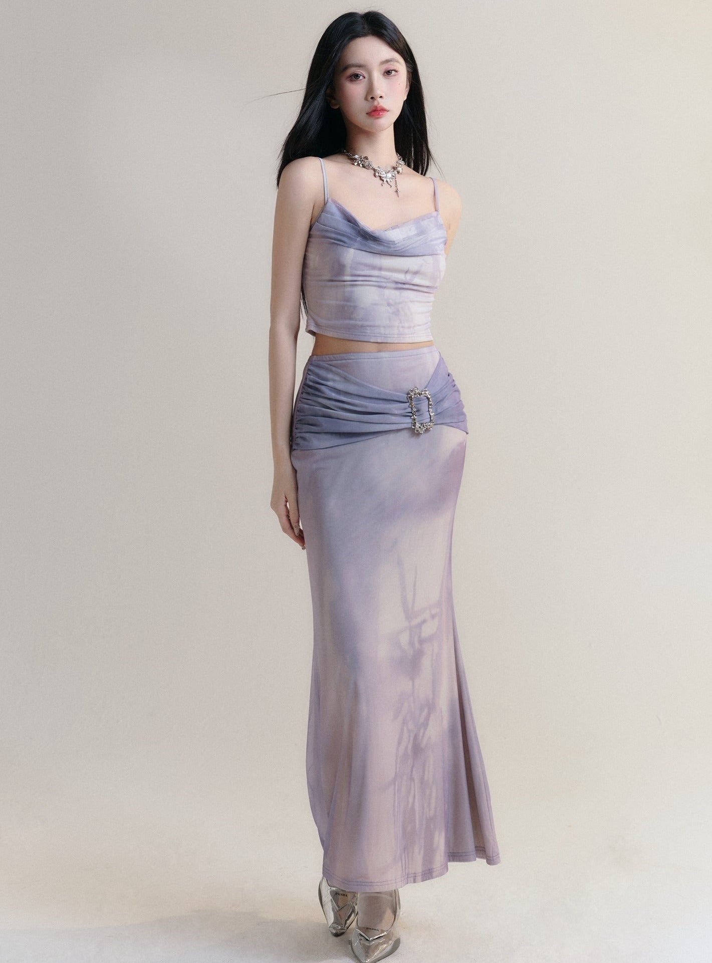 Elegant Lilac Satin Maxi Skirt with Rhinestone Buckle Detail