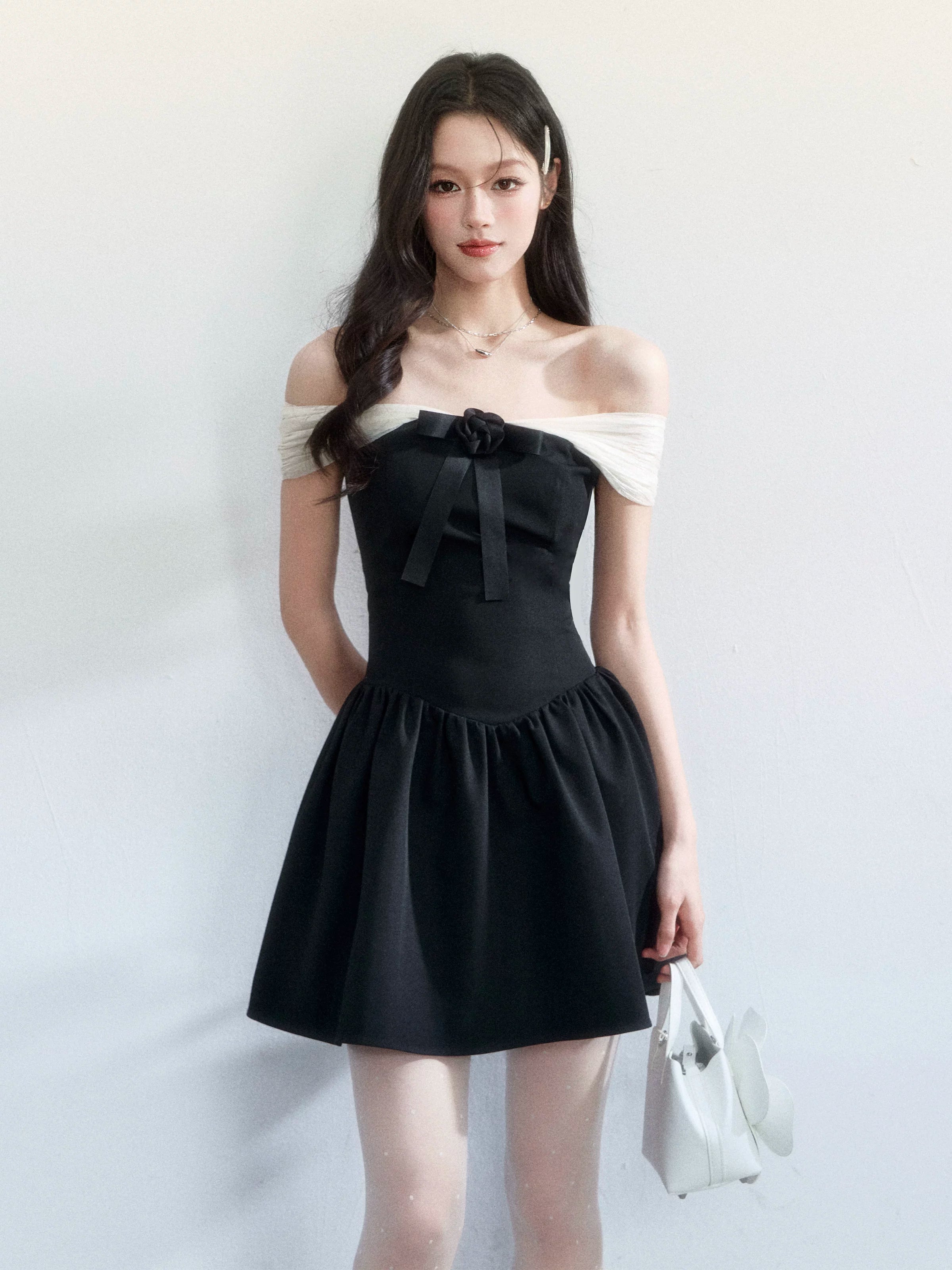 Contrast Off-Shoulder Bow Mini Dress - standing front view
