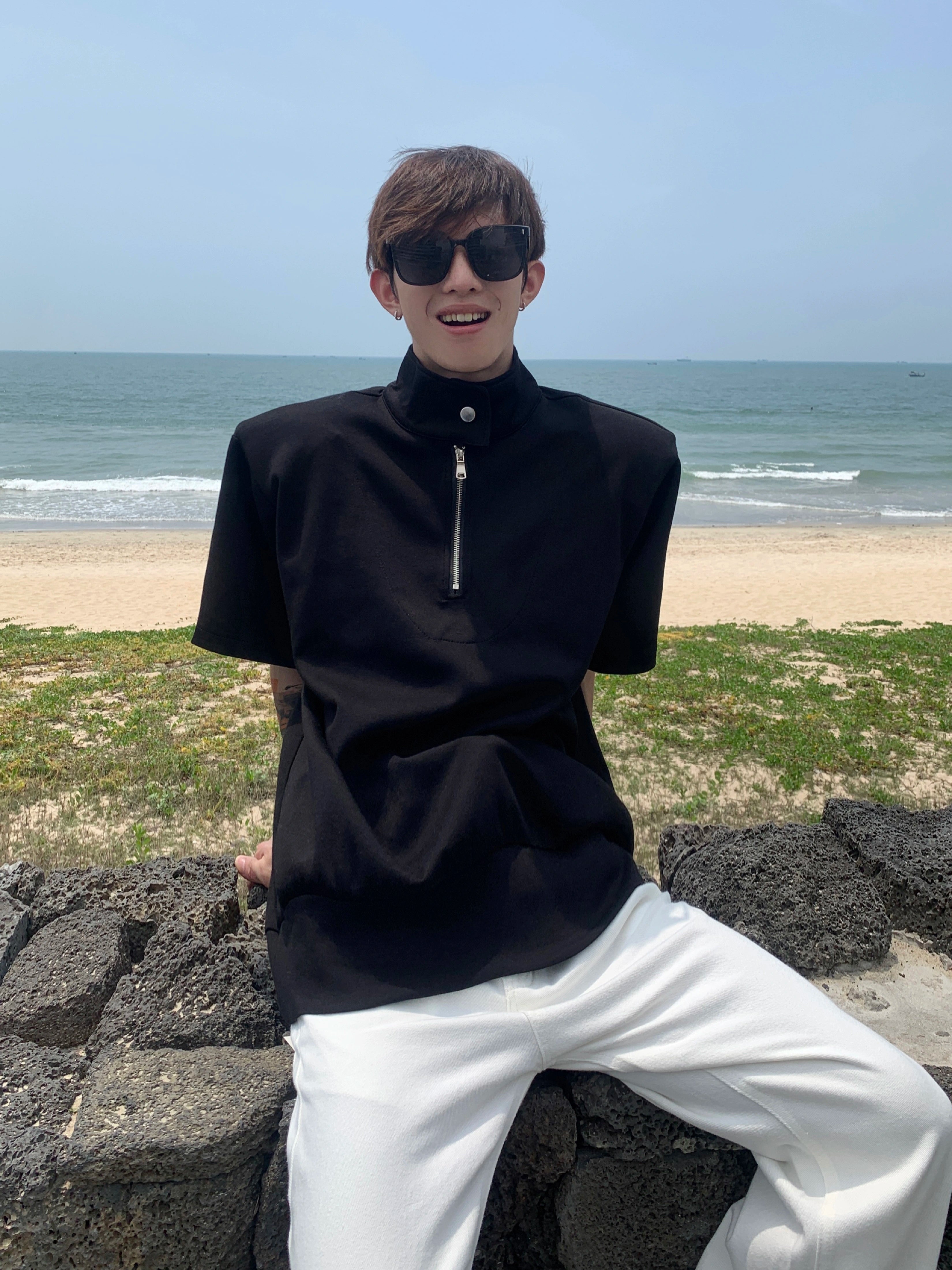 Gray Half-Zip Stand Collar Shirt