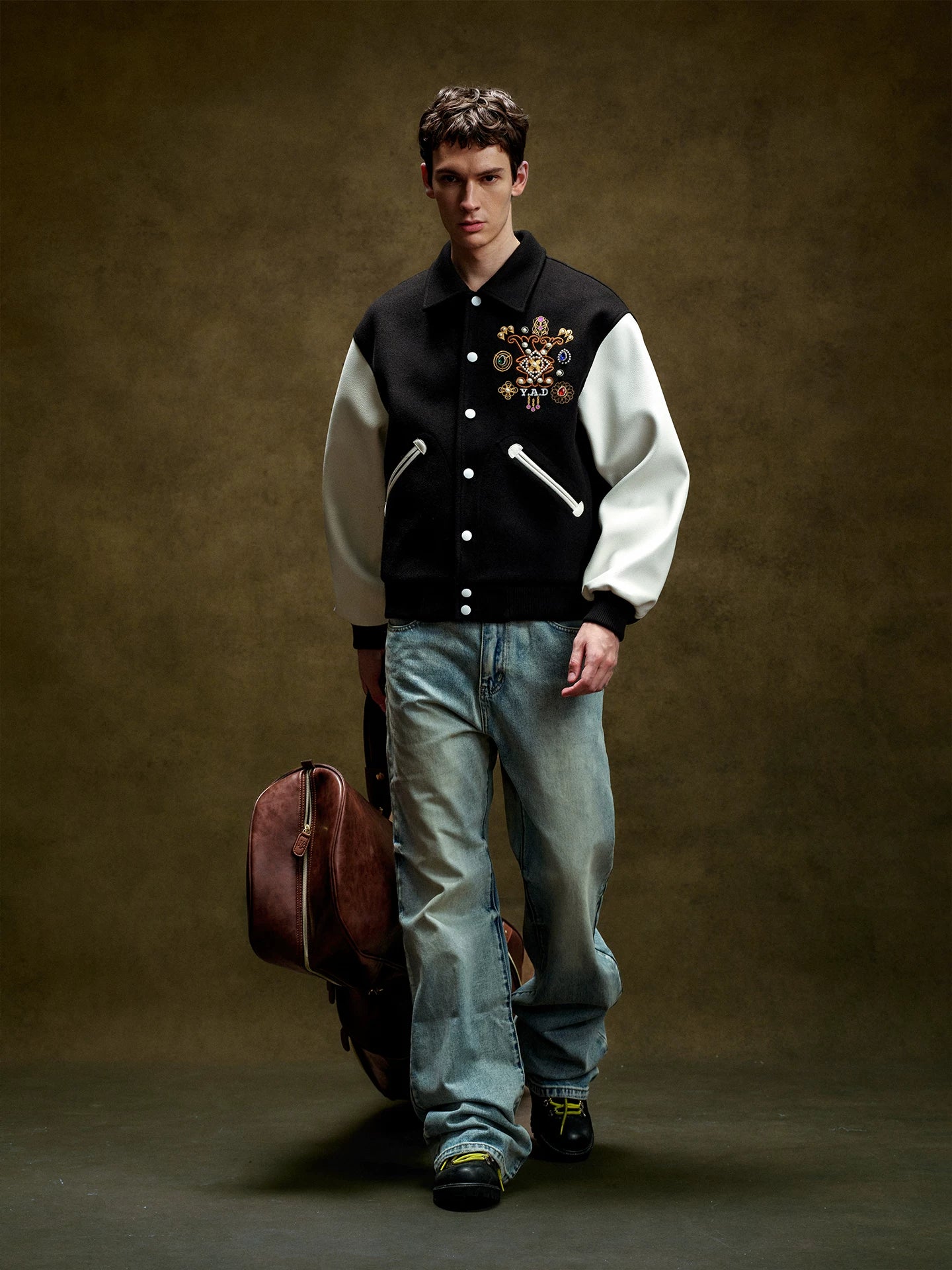 Embroidered Contrast Sleeve Varsity Jacket
