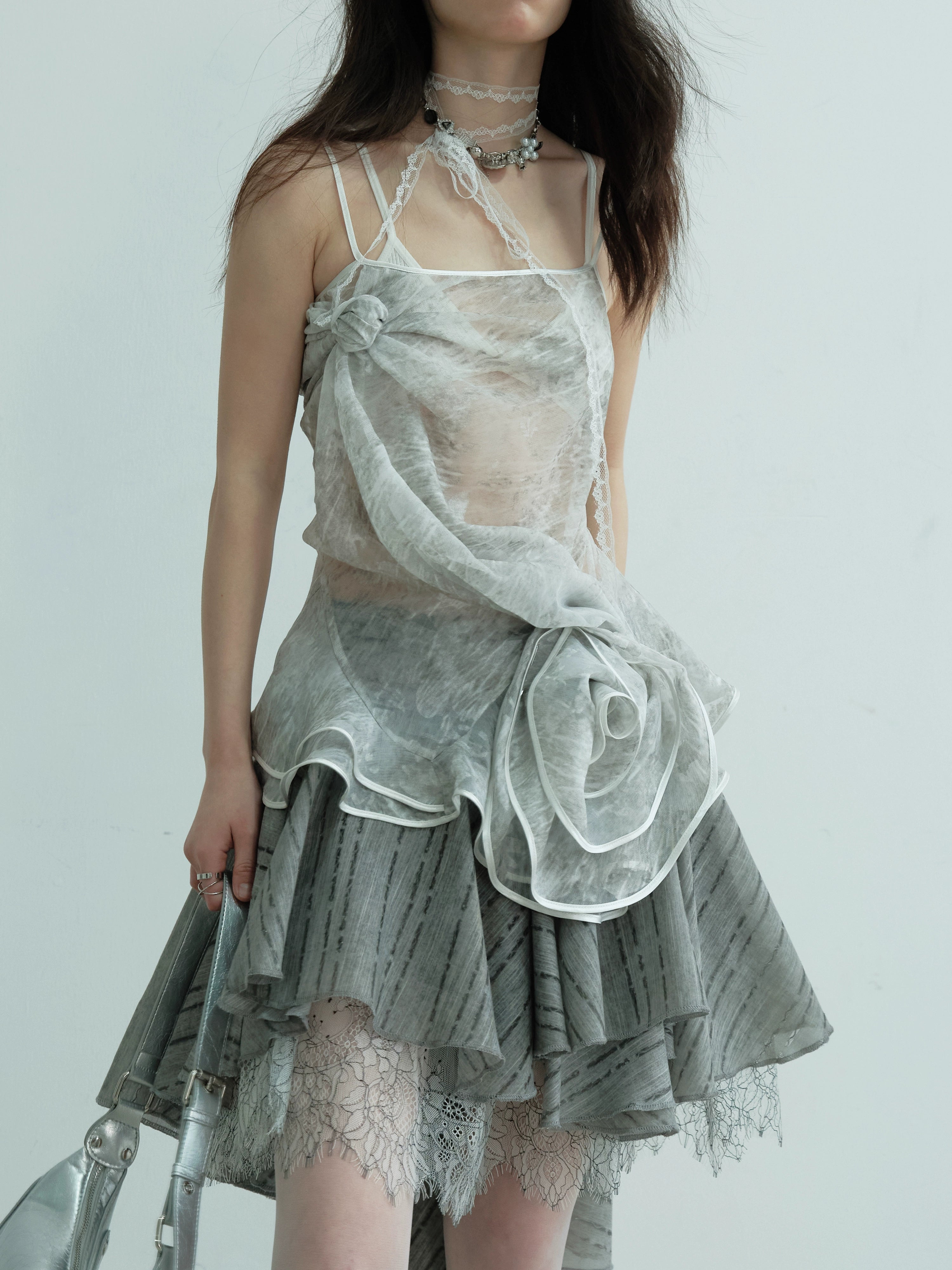 Silver Metallic Ruched Slip Tank Top