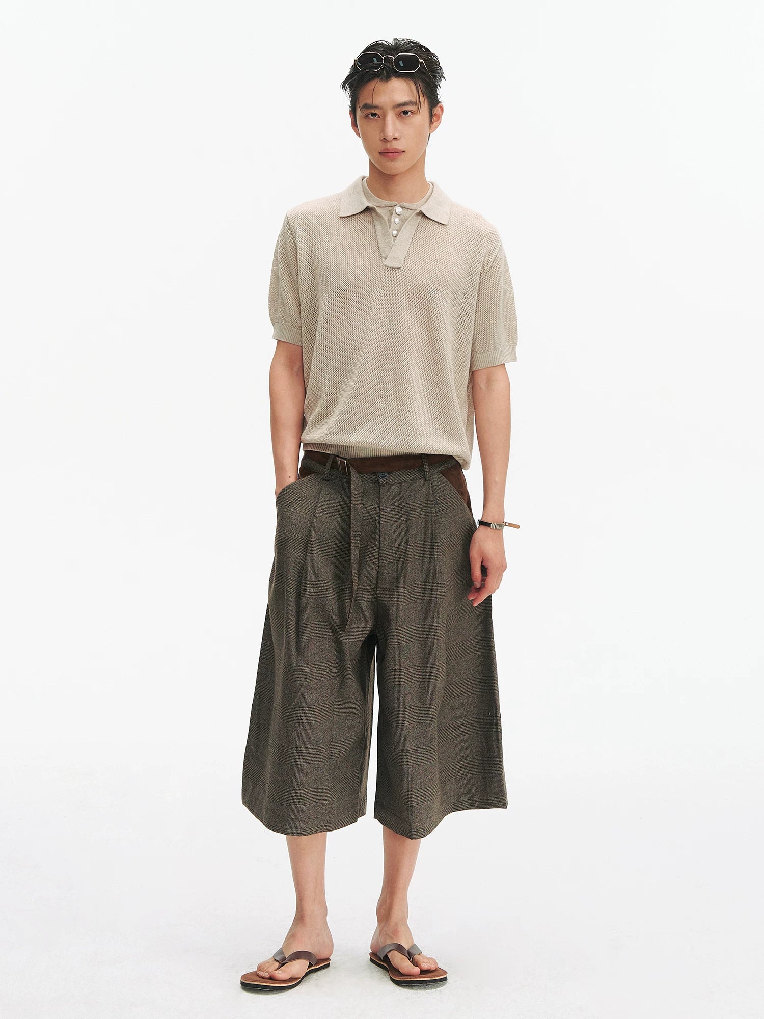 Pleated Cropped Wide-Leg Pants with Belt Detail