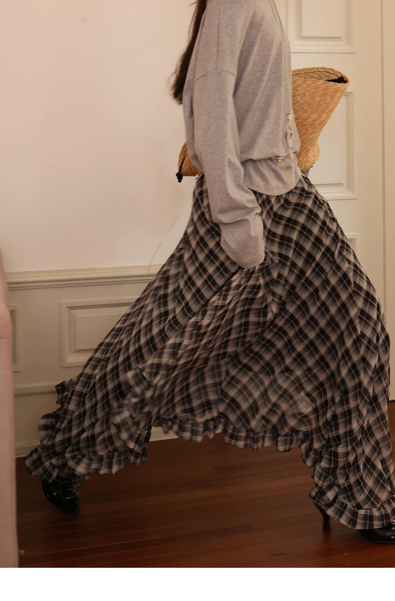 Plaid Chiffon Asymmetric Hem Skirt - black plaid full look