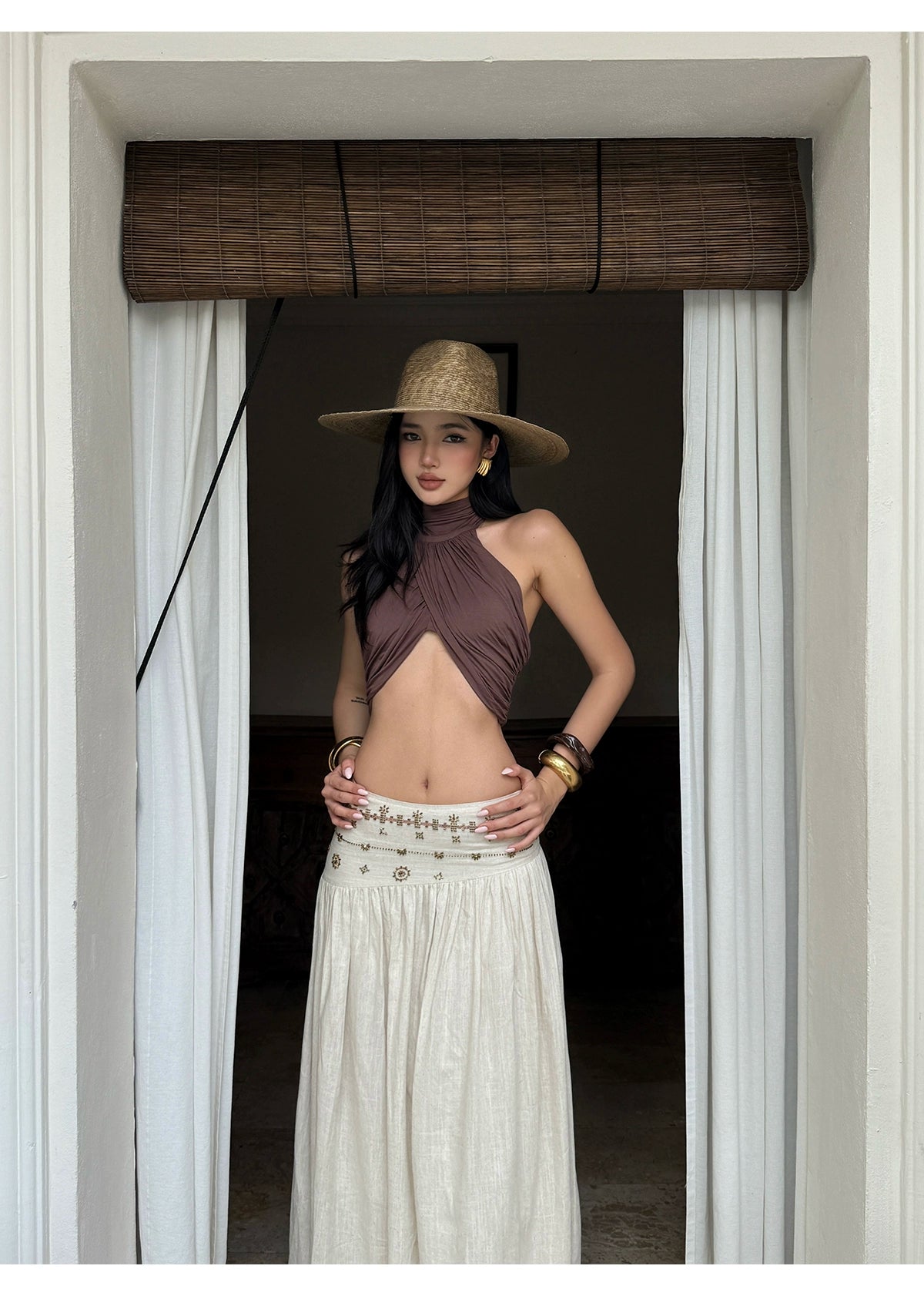 Brown Halter Neck Cut-Out Crop Top