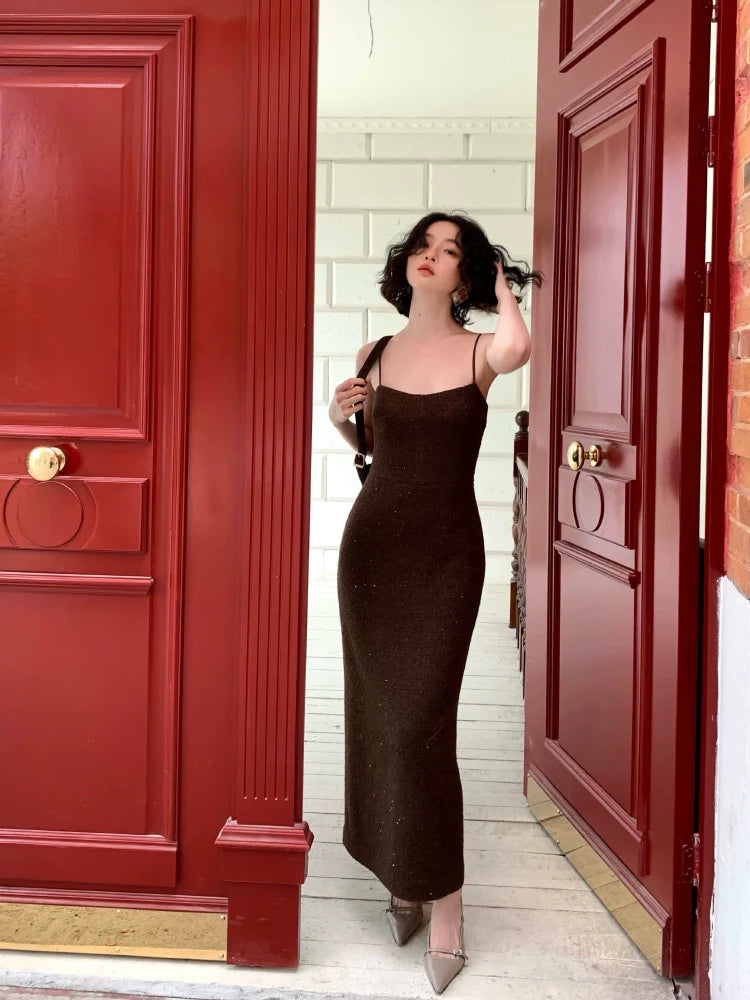 Sequin Spaghetti Strap Knit Maxi Dress