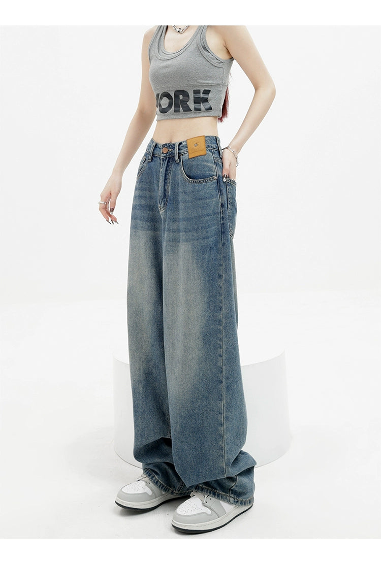 Blue Retro Loose Straight-Leg High-Waist Floor-Length Jeans - chiclara