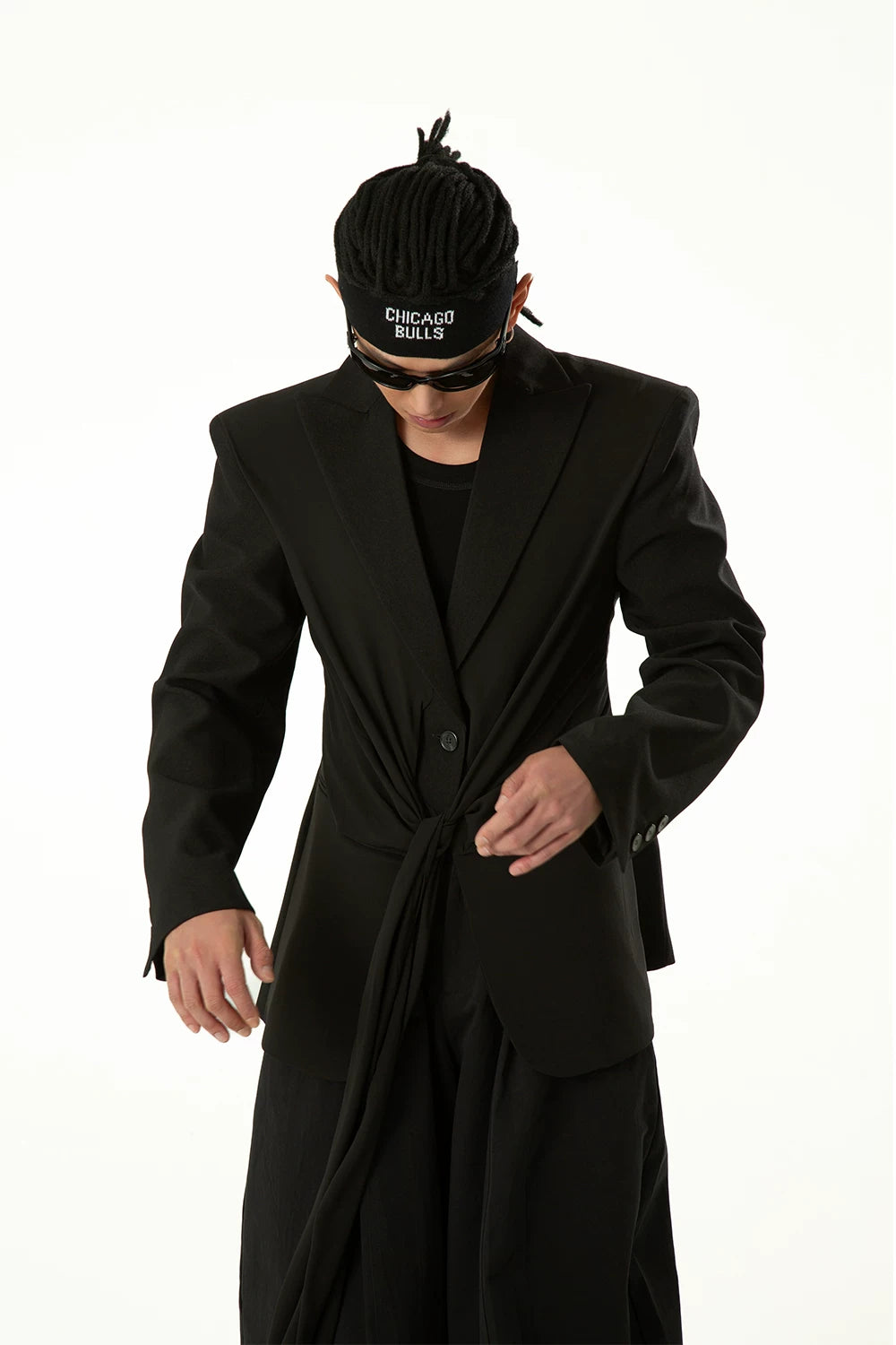 Draped Noir Tie-Front Blazer Coat