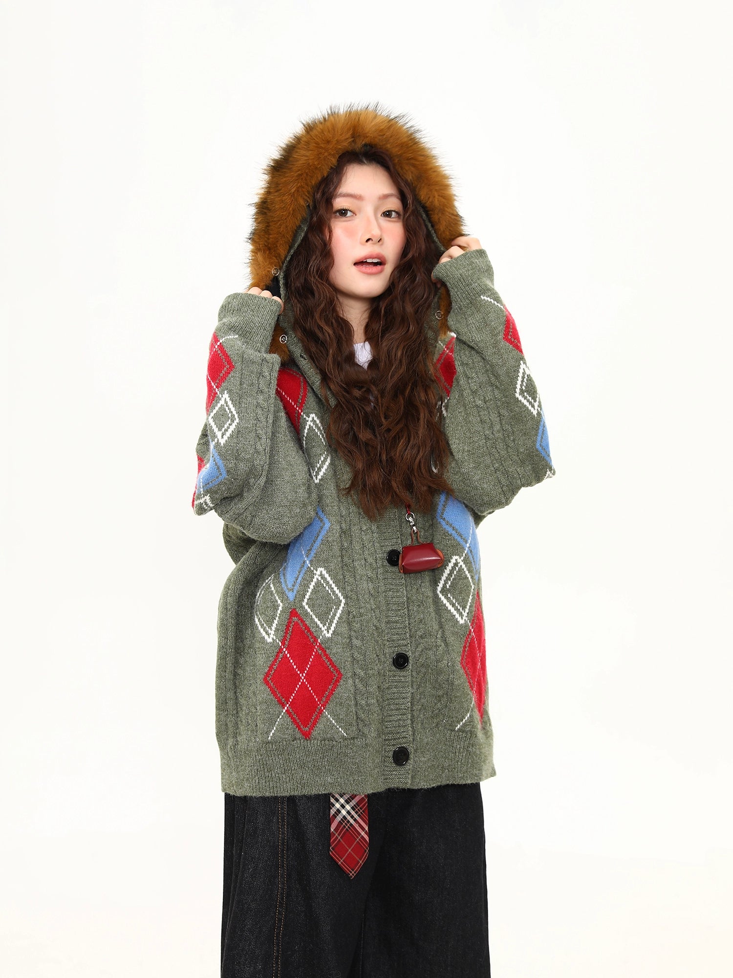 Frosty Argyle Faux-Fur Hood Cardigan