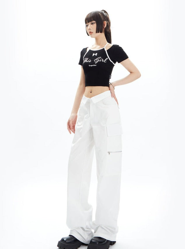 Wide-Leg Cargo Pants with Collar Waistband