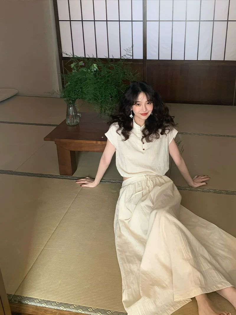 Cream Cap Sleeve Blouse and Maxi Skirt Setup