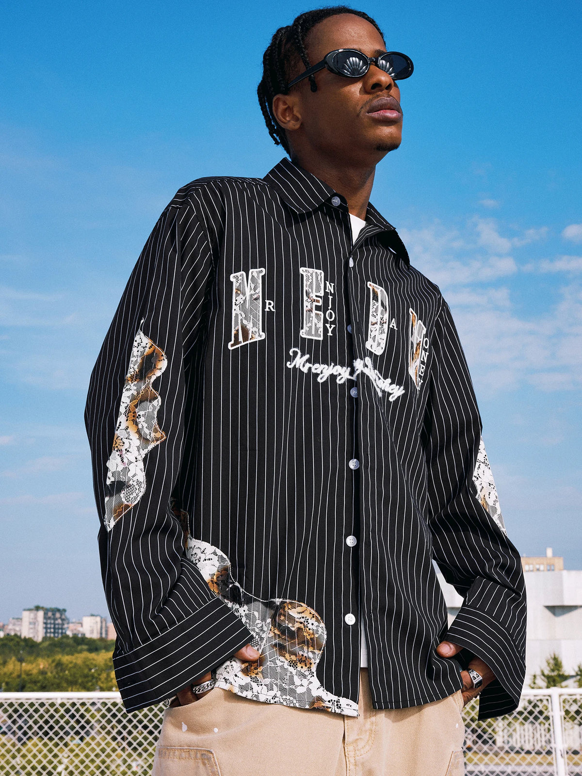 Lace Patchwork Pinstripe Shirt