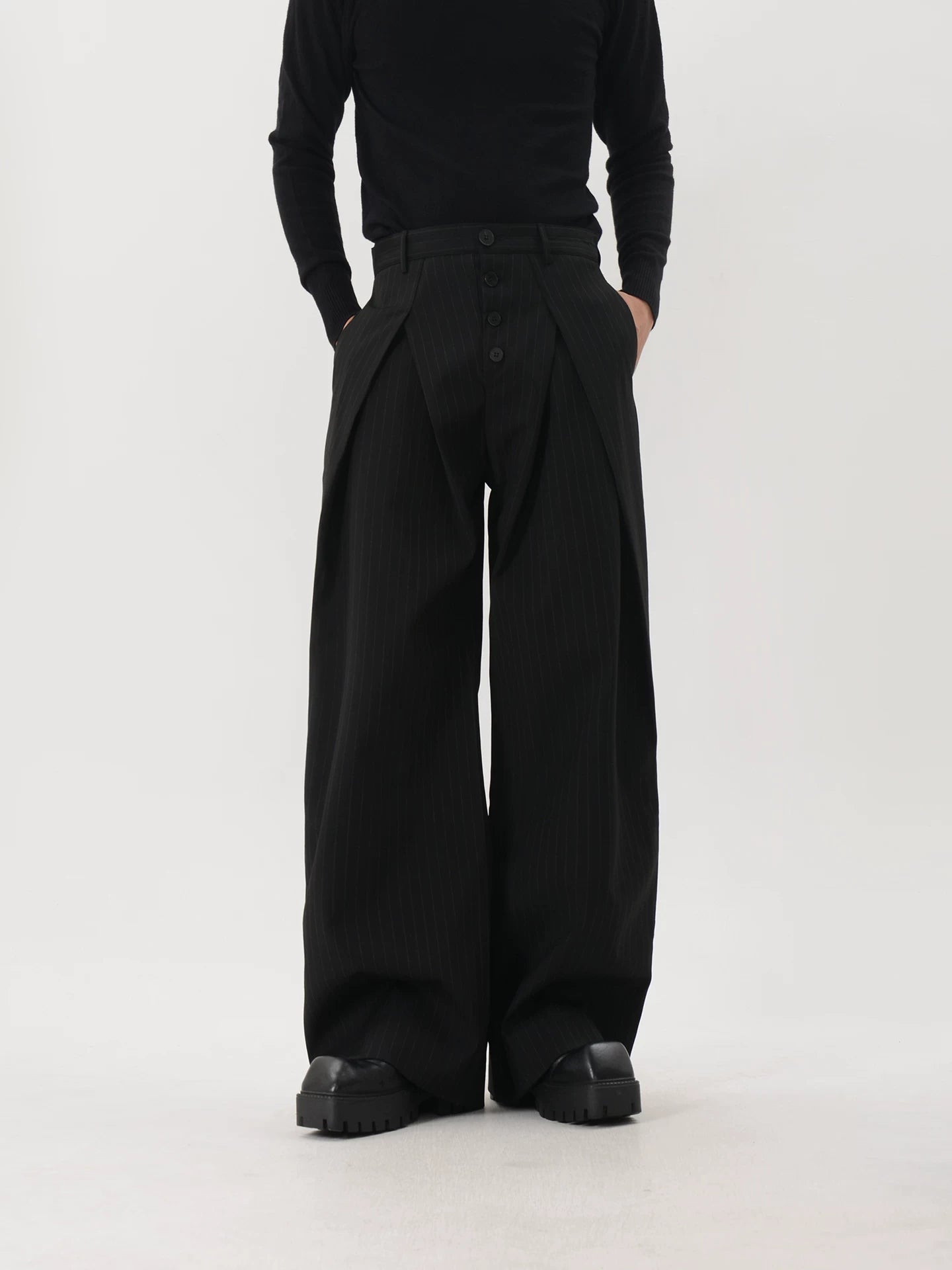 Pinstripe Button-Front Double-Pleated Ultra-Wide Leg Trousers