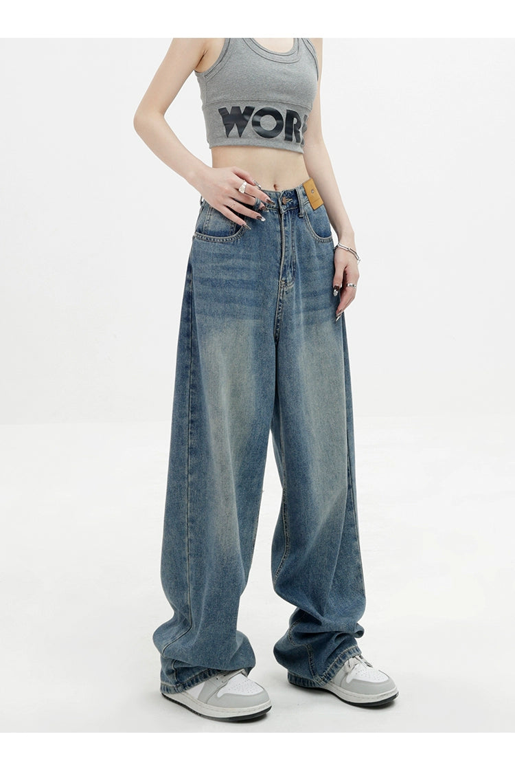 Blue Retro Loose Straight-Leg High-Waist Floor-Length Jeans - chiclara