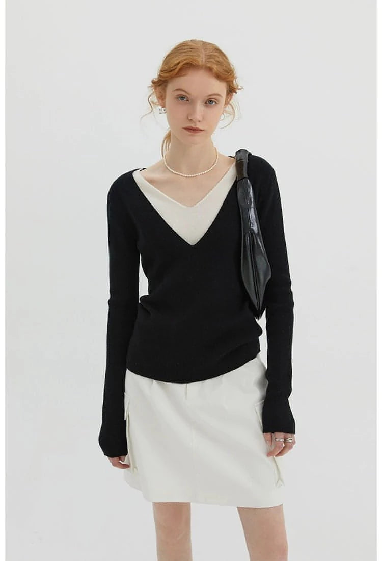 V-Neck Wool Knitwear, Color-Block Faux Layered Top - chiclara