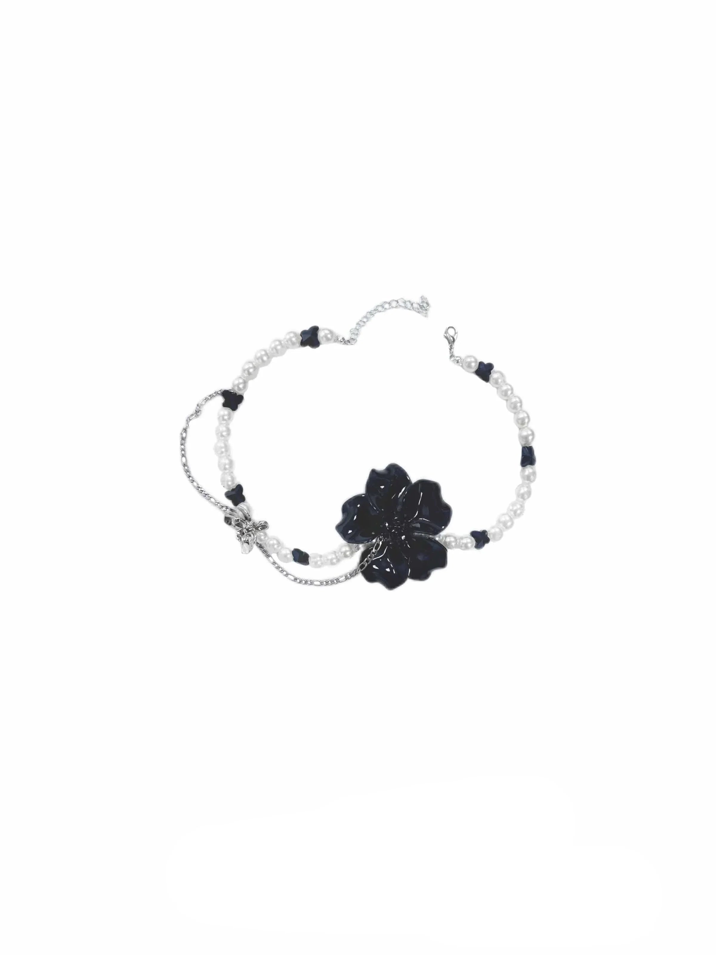 Black Floral Pearl Beaded Chain Bracelet