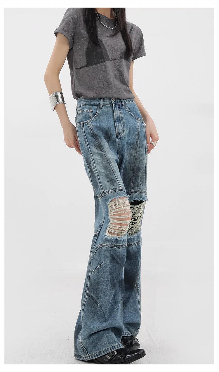 Vintage Distressed And Dirt-Dyed Patchwork Wide-Leg Jeans - chiclara