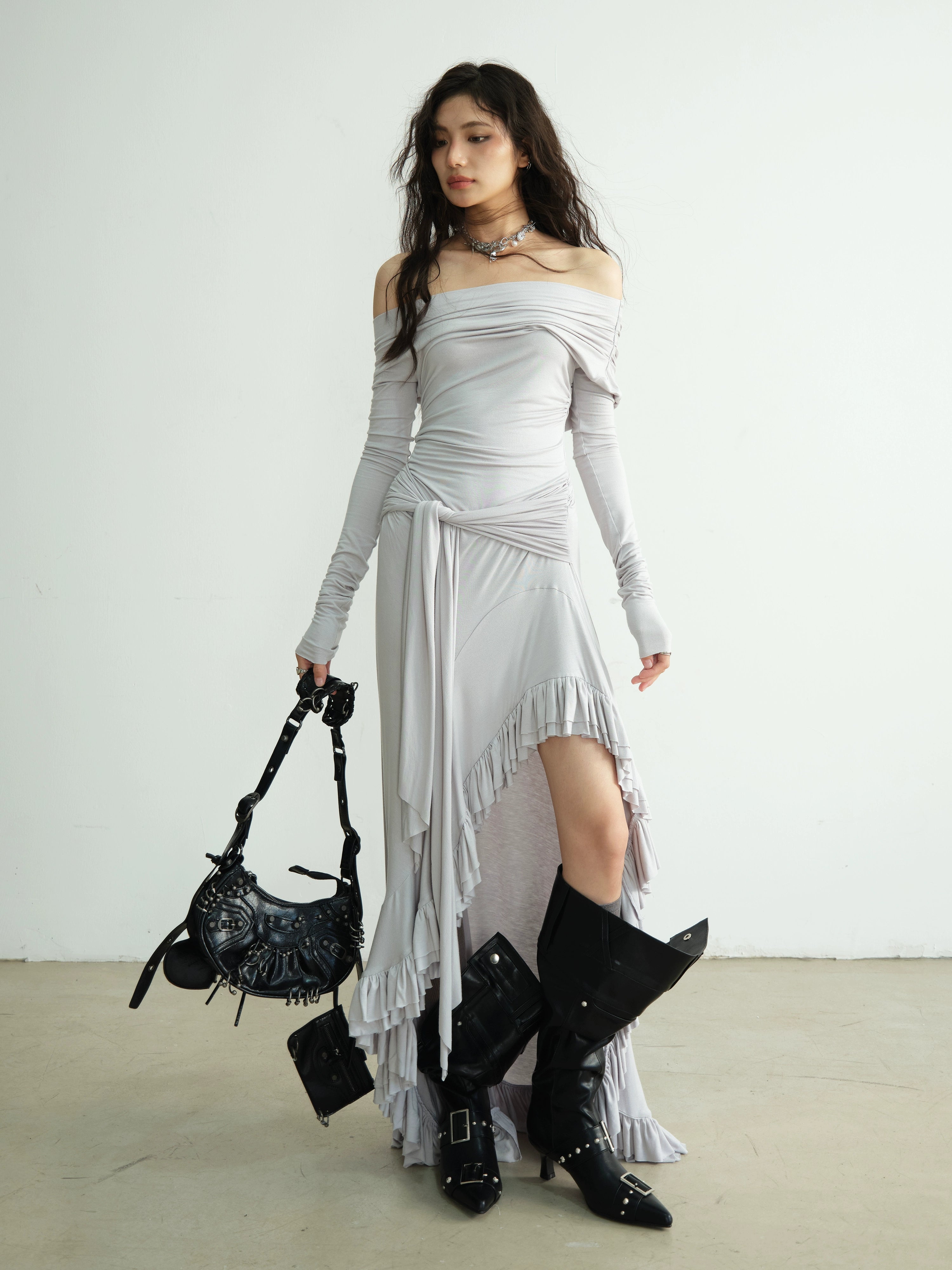 Ruched Off Shoulder Ruffle Maxi Dress