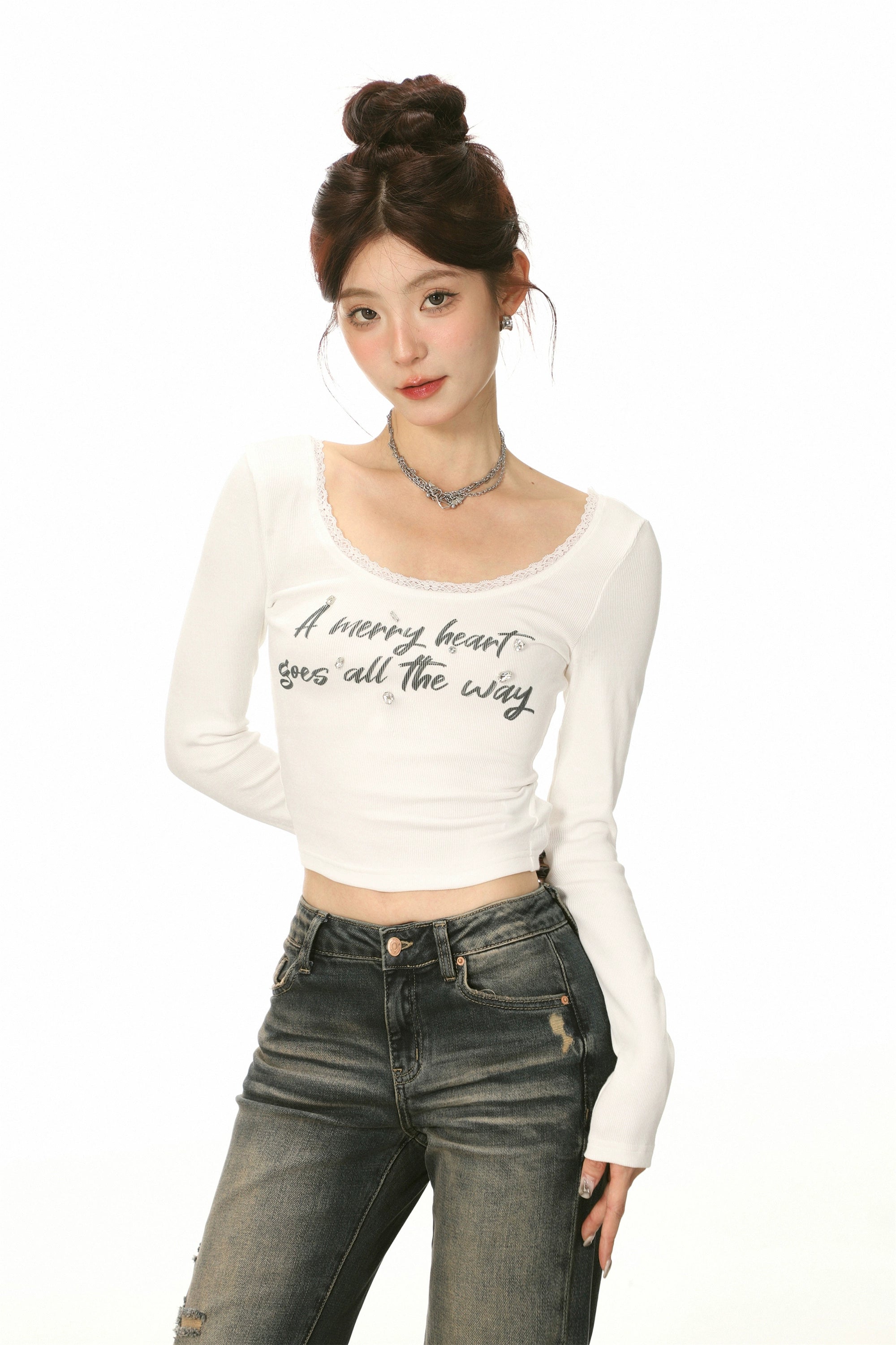 White U-neck Lace Trim Long Sleeve T-shirt