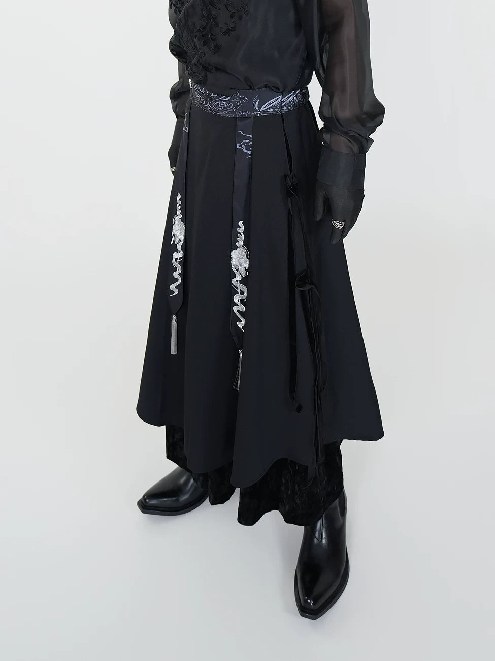 Serpent Sigil Layered Dragon-Tassel Hakama Skirt