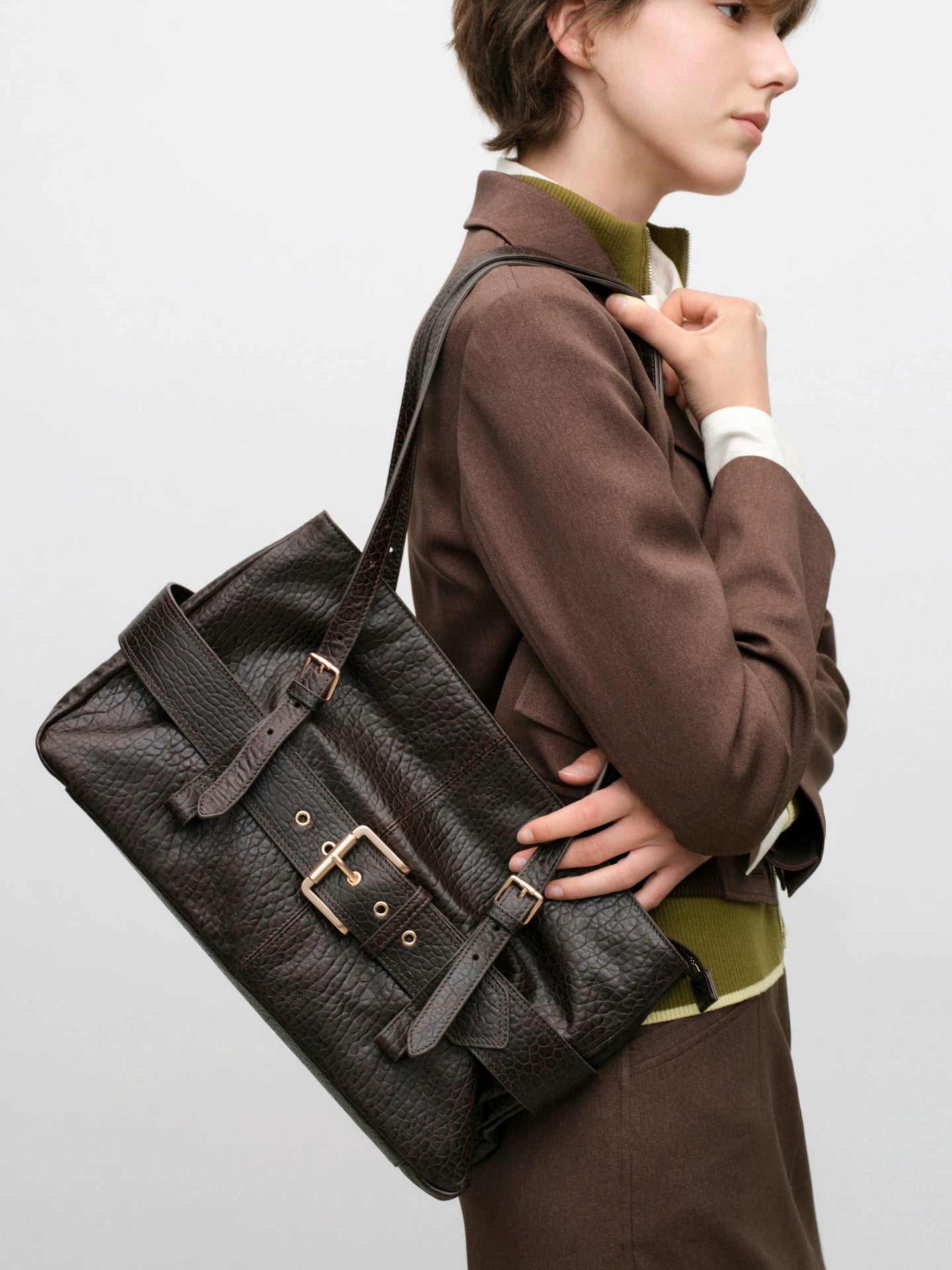 Oversized Buckle Leather Baguette Bag - view 2